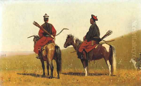 Two Chinese horsemen on the steppe - view 1