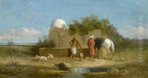 Pair Of Works: Oriental Riders And Herdsmen At An Oasis