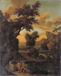 A Wooded River Landscape With A Hunter In Classical Dress Crossing A Bridge, Mountains Beyond by Abraham Genoels
