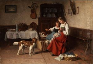 Zwei Junge Madchen Mit Einem Hundchen In Landlichem Interieur Zwei Junge Madchen Mit Einem Hundchen In Landlichem Interieur