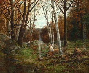 An Autumn Landscape With A Figure Burning Faggots by Francois Adolphe Grison