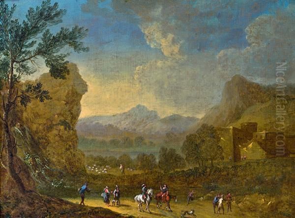 Landschaft Mit Wasserfall, Reitern Und Schafer - view 1