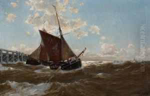 Bei Ostende. Mole Und Absegelnde Kustenboote Bei Bewegter See