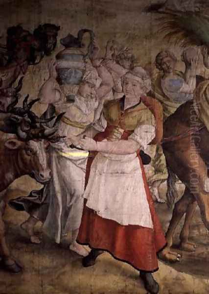 Campaign of Emperor Charles V 1500-58 against the Turks detail of Departure of the Army showing a woman pulling oxen and another shouldering a water carrier, 1535 - view 1