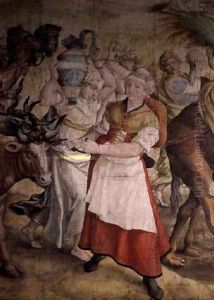 Campaign of Emperor Charles V 1500-58 against the Turks detail of Departure of the Army showing a woman pulling oxen and another shouldering a water carrier, 1535