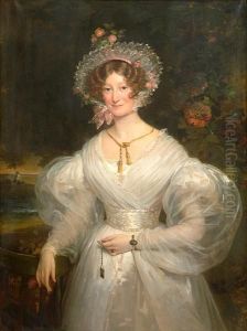 A Portrait Of A Lady, Standing Three-quarter Length In A Wooded Landscape by Antoinette Cecile Hortense Lescot Haudebourt