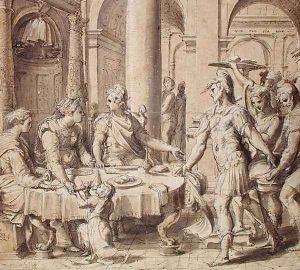 The Banquet of Dido and Aeneas, model for a tapestry in the Story of Aeneas series, c.1532 by Perino Del Vaga (Pietro Bonaccors