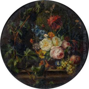 < Fleurs Et Fruits Sur Un Entablement >. < Fleurs Et Fruits Sur Un Entablement >.
