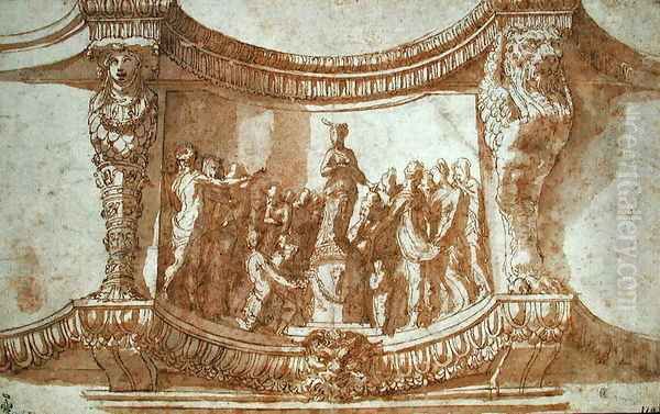 Hemicylindrical pedestal with a group worshipping a statue of Diana, c.1522 - view 1