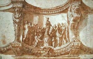 Hemicylindrical pedestal with a group worshipping a statue of Diana, c.1522 by Perino Del Vaga (Pietro Bonaccors