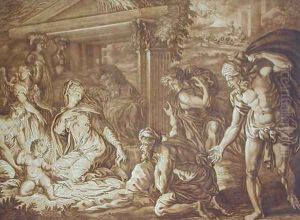 The Adoration of the Shepherds, engraved by Elishah Kirkhall (1682-1742) 1724 by Perino Del Vaga (Pietro Bonaccors