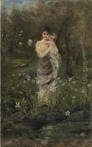 Mother And Her Child Among Lilies by Joszi Arpad, Jan Koppay
