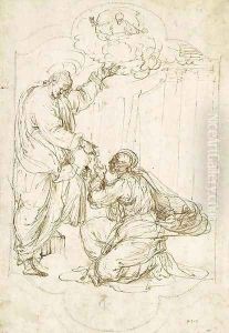 Christ Handing The Keys To Saint Peter, God The Father Above Design For An Embroidery by Perino Del Vaga (Pietro Bonaccors