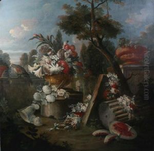 Floral And Fruit Still Life In Extensive Landscape by Francesco Lavagna