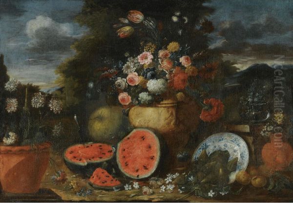 Still Life With A Large Arrangement Of Flowers In A Carved Stone Urn, With Open Watermelons, Figs And Earthenware Pots On The Garden Floor Beneath - view 1