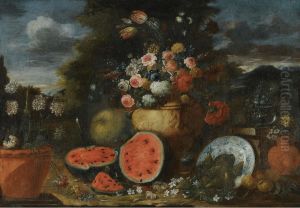 Still Life With A Large Arrangement Of Flowers In A Carved Stone Urn, With Open Watermelons, Figs And Earthenware Pots On The Garden Floor Beneath