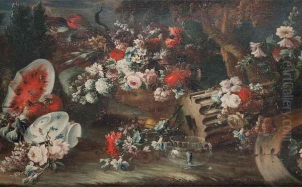 Natura Morta Con Vasi Fioriti, Frammenti Architettonici, Frutta, Pavone E Vasca - view 1