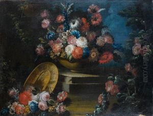 A Pewter Dish, Roses, Bluebells, Carnationsand Other Flowers In A Vase On A Stone Ledge In A Garden