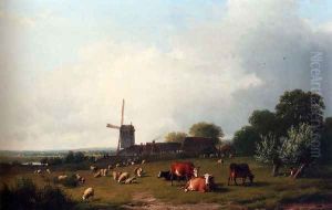 A Panoramic Summer Landscape With Cattle Grazing In A Meadow By A Windmill by Eugene Verboeckhoven