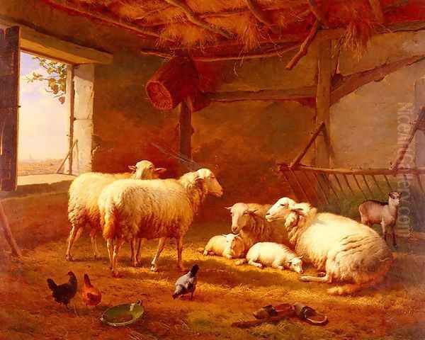 Sheep With Chickens And A Goat In A Barn - view 1