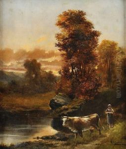 Bergere Et Sa Vache En Bord D'etang