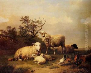 Sheep With Resting Lambs And Poultry In A Landscape by Eugene Verboeckhoven