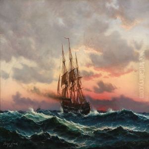 The Danish Frigate Jylland In Tall Waves At Sunset by Holger Peter Svane Lubbers