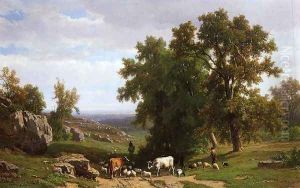 An Extensive Wooded Rocky Landscape with Shepherds and Flock, Cows and a Traveller on a Horseback
