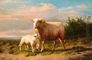 An Ewe And Two Lambs In A Landscape