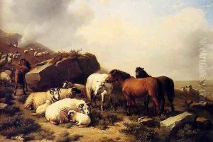 Horses And Sheep By The Coast by Eugene Verboeckhoven