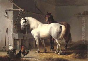 Horses and chickens in a barn interior
