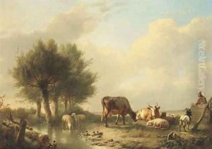 Overseeing the animals gathered by a stream by Eugene Verboeckhoven