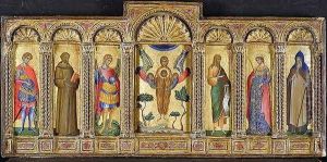 Triptych with Mary Magdalen holding the head of Christ, flanked by saints