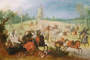 A cavalry battle in a wooded valley before a windmill