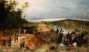 Cavalry attacking horse-drawn wagons