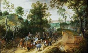A Cavalry Column Ambushed on a Woodland path by Sebastien Vrancx