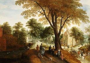 Elegant Horsemen and figures on a path in front of a chateau by Sebastien Vrancx