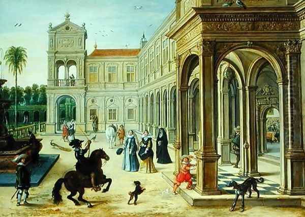 Horseman and Elegant Figures Outside a Palace Courtyard - view 1