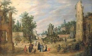 A capriccio of the Campo Vaccino, Rome, with elegant company and peasants by Sebastien Vrancx