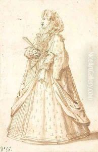 A woman in profile to the left holding a fan