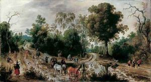 A wooded landscape with travellers in a horse-drawn cart, peasants and cattle on a country road by Sebastien Vrancx
