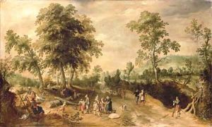 A wooded landscape with soldiers resting and playing dice next to a track
