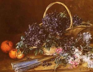 A Still Life with a Basket of Flowers, Oranges and a Fan on a Table by Antoine Vollon