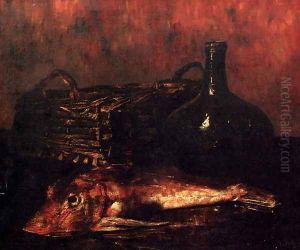 A Still Life With A Fish, A Bottle And A Wicker Basket by Antoine Vollon