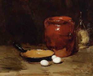 Still Life with a Pen, Jug, Bottle and Eggs on a Table by Antoine Vollon