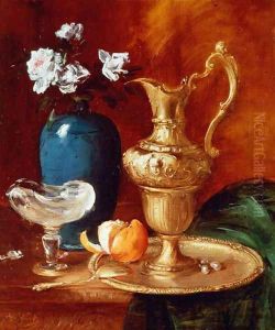Still life of a gilt ewer, vase of flowers and a facon de Venise bowl by Antoine Vollon