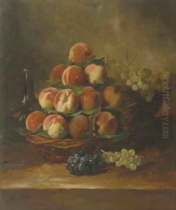 Peaches and grapes in a basket by Antoine Vollon