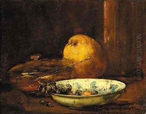 A bowl of raisins, a pear and a covered bowl by Antoine Vollon