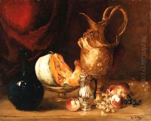 Still life of fruit and vessels before a draped curtain by Antoine Vollon