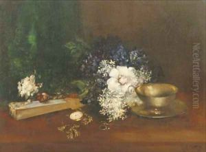 White and blue flowers, a fan and a pocketwatch